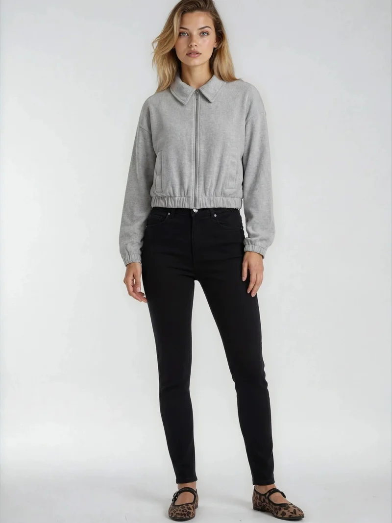 Mixray Grey MIXRAY Relaxed Fit Zipper Jacket with Pockets for Women | Best Price UAE